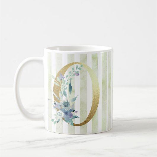 Mug O, rayures dorées initiales bleu et blanc (Gauche)
