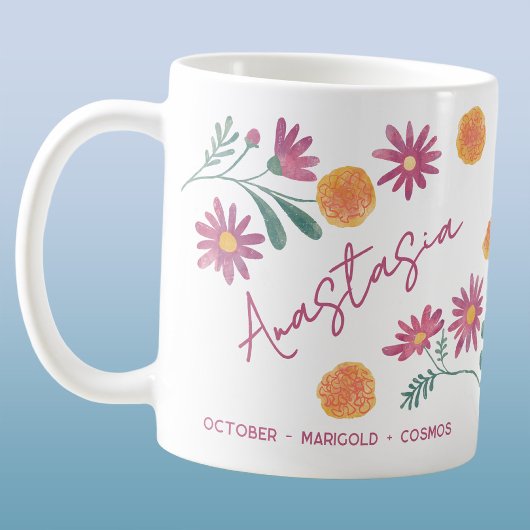 Mug October Birth Flower Custom Name Marigold Cosmos