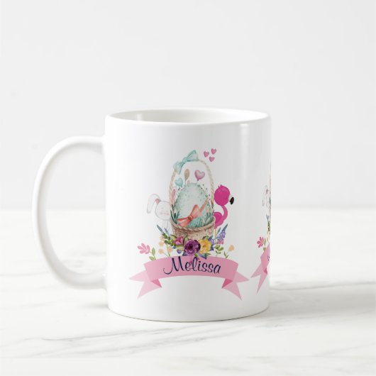 Mug Oeuf mou, Flamant rose rose et lapin, /w Ruban (Gauche)