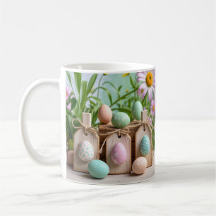 Mug OEufs de Pâques colorés sur panneau de bois