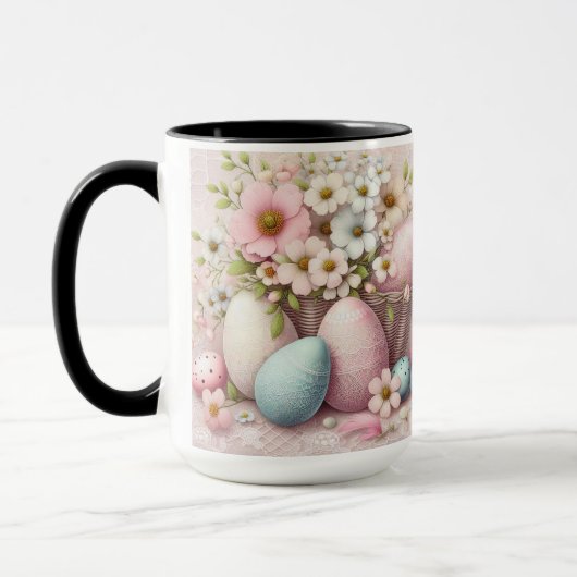 Mug Oeufs de Pâques floraux roses en dentelle monogram (Gauche)