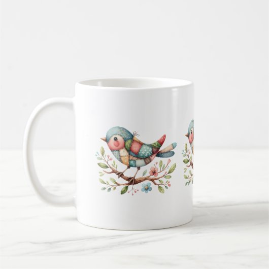 Mug Oiseau chanteur patchwork sur branche fleurie (Gauche)