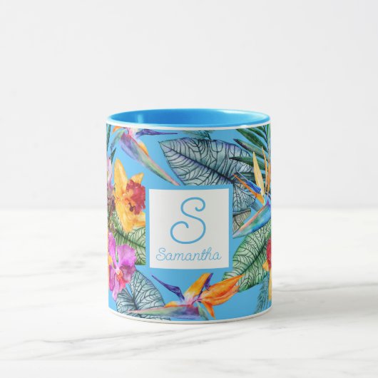 Mug Oiseau de Paradis Et Orchidée Été Bleu (Centre)