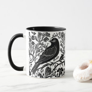 Mug Oiseau sur une branche avec Fleurs en noir et blan
