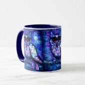Mug Oiseau Whimsical Big Eye Owl Bleu pourpre nuit (Devant gauche)