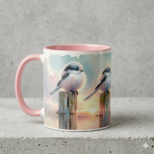 Mug Oiseaux à l'aquarelle pastel sur une clôture au co