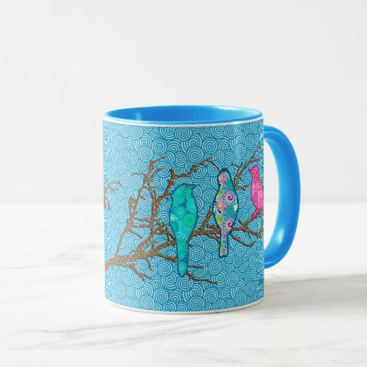 Mug Oiseaux appliqués sur une branche, Sky Blue Multi (Devant droit)