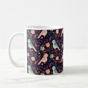 Mug Oiseaux bleus et roses avec fleurs et feuilles sur