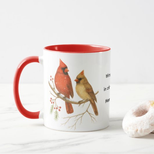 Mug Oiseaux cardinaux de Noël Faune festive (Avec donut)