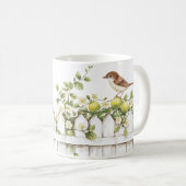 Mug Oiseaux Citrons Clôture Blanche Floral (Devant droit)