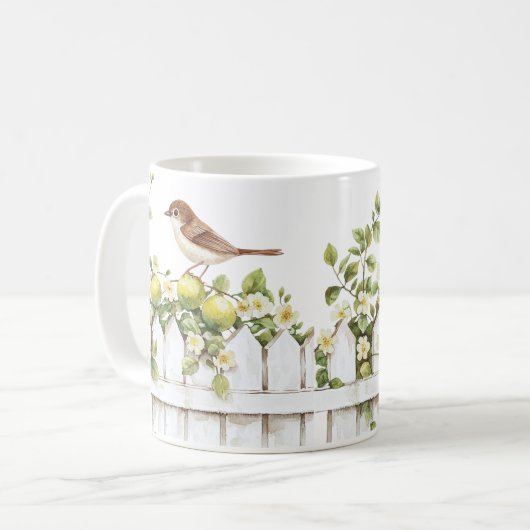 Mug Oiseaux Citrons Clôture Blanche Floral (Devant gauche)