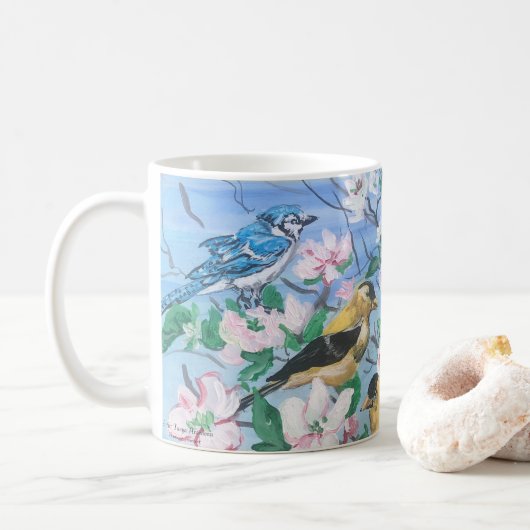 Mug Oiseaux dans la cour Geai bleu Tarin jaune (Avec donut)