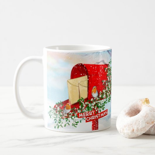 Mug Oiseaux De Noël D'Hiver Et Boîte Rouge (Avec donut)
