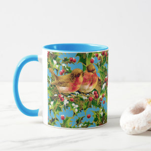 Mug Oiseaux de Noël Vintage Holly Faux Motif d'or