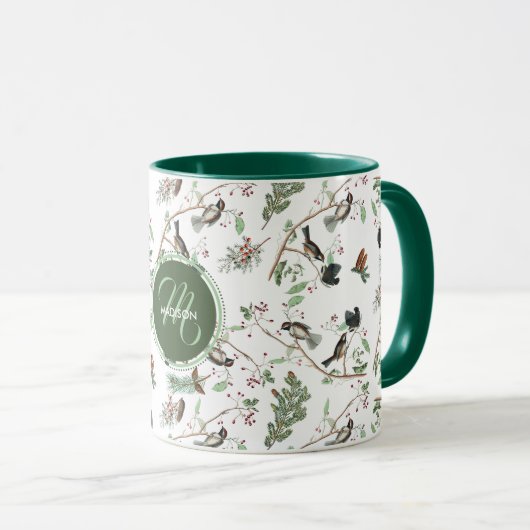 Mug Oiseaux de poulet Berries et Pinecones Monogrammes (Devant droit)