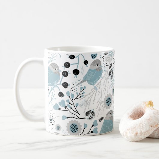 Mug Oiseaux de poulet Fleurs gris bleu mignonnes Berri (Avec donut)