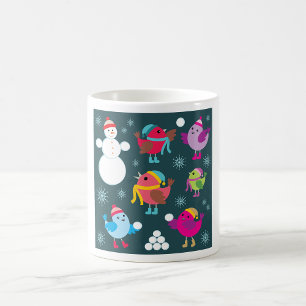 Mug Oiseaux d'hiver jouant dans la neige avec un bonho