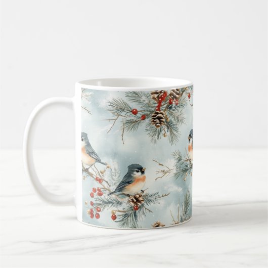 Mug Oiseaux d'hiver Motif avec Pinecones et neige (Gauche)