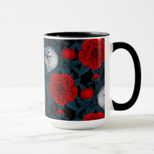 Mug Oiseaux et fleurs de pivoines rouges avec feuilles