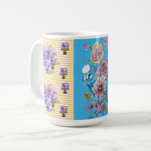 Mug oiseaux floraux Budgie bleu rose peint à la ma