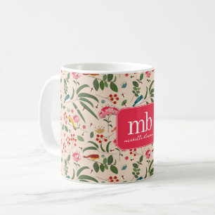 Mug Oiseaux floraux dessinés à la main Abeilles Monogr