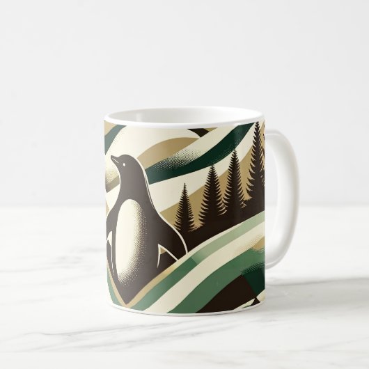 Mug Olive Green Cream Retro Art Déco Waves Penguin (Devant droit)