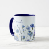 Mug Ombre de Fleur sauvage d'aquarelle bleu monogramme (Devant gauche)