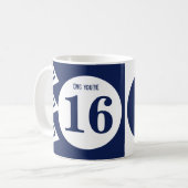 Mug OMG tu as 16 ans monogramme nom navy et blanc (Devant gauche)