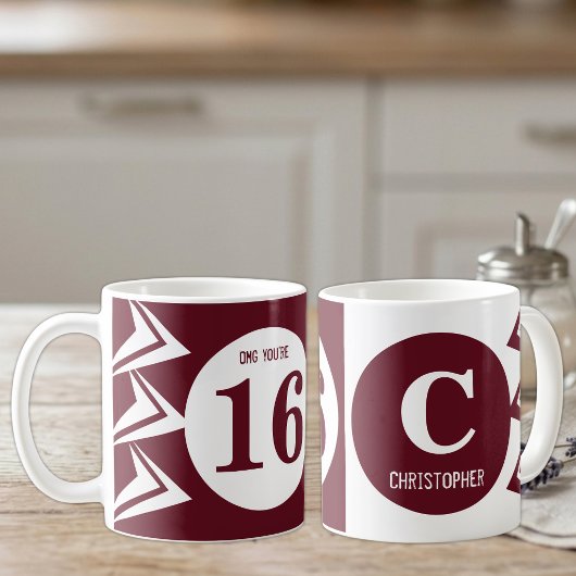 Mug OMG vous avez 16 ans monogramme nom bordeaux et bl