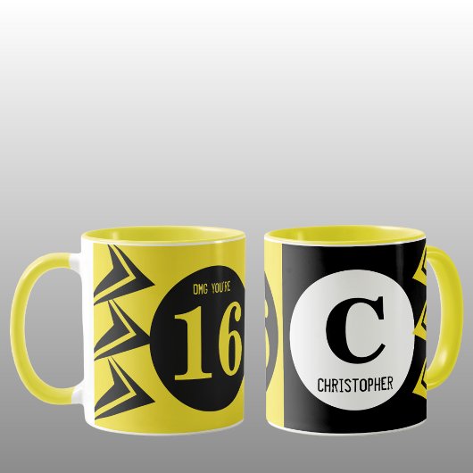 Mug OMG vous avez 16 ans monogramme nom jaune et noir