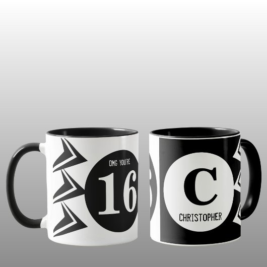 Mug OMG vous êtes 16 monogramme nom blanc et noir
