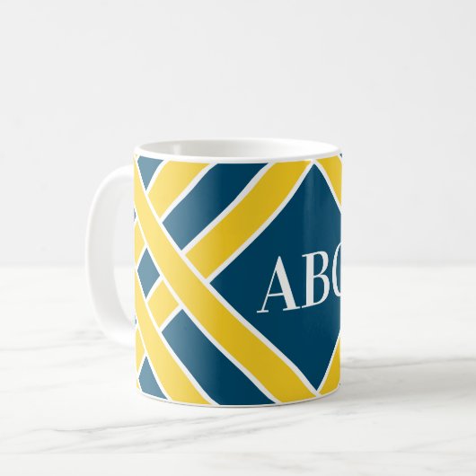 Mug Or/bandes bleues/blanches, rayures, initiales de (Devant gauche)