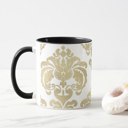 Mug Or & Blanc Elegant Chic Damask Patte (Avec donut)