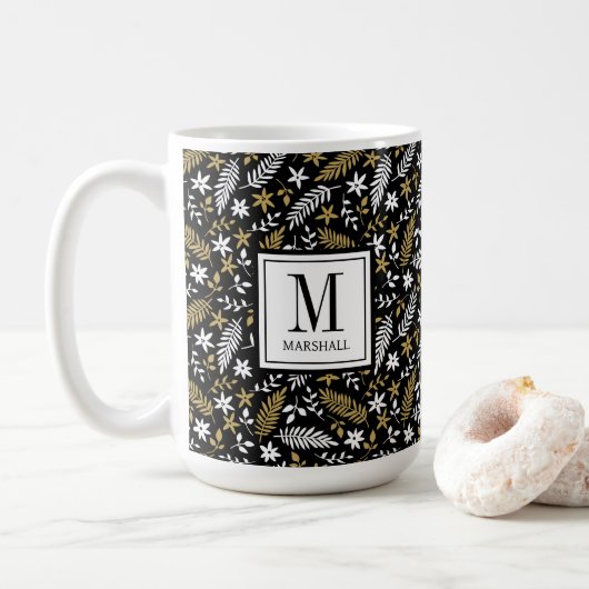 Mug Or Monogramme Botanique Black Gold Nom de Vacances (Avec donut)
