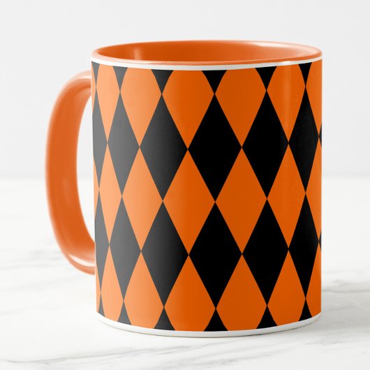 Mug Orange Black Harlequin Diamonds Checkers Design 