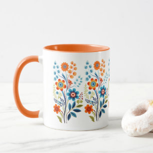 Mug Orange Jaune Bleu Vert Floral Rétro Vintage