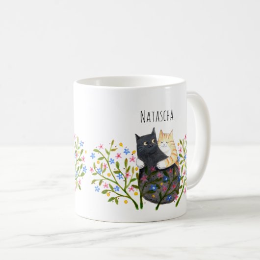 Mug Orange tabby Cat and Black Cat in Flowers Custom (Devant droit)