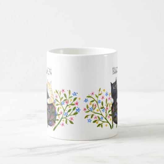 Mug Orange tabby Cat and Black Cat in Flowers Custom (Centre)