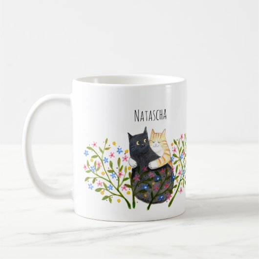 Mug Orange tabby Cat and Black Cat in Flowers Custom (Gauche)