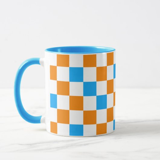 Mug Orange White Blue Checkered Pattern Design  (Gauche)