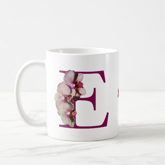 Mug Orchidée Élégant Monogramme E Nom initial (Gauche)