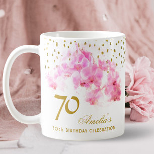 Mug Orchidée Rose Aquarelle Paillettes Dorées 70e Anni