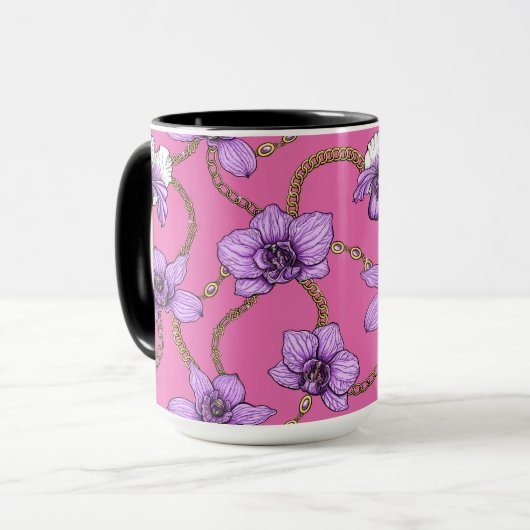 Mug Orchidées et chaînes, violet et rose (Devant gauche)