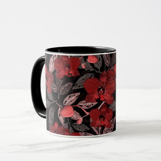 Mug Orchidées rouges sur noir. (Devant gauche)