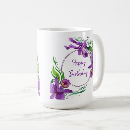 Mug Orchidées violettes Joyeux anniversaire (Devant droit)
