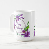 Mug Orchidées violettes Joyeux anniversaire (Devant gauche)