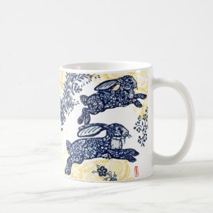 Mug Oriental Blue White Gold Rabbit Floral Chinoiserie