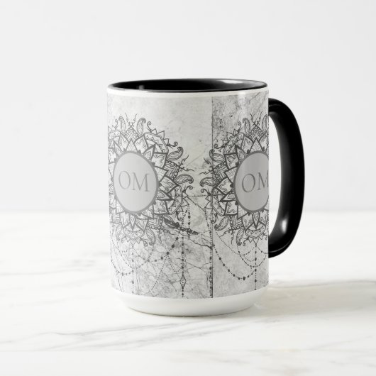 Mug Ornat Lotus OM Mandala sur Marbre Argent (Devant droit)