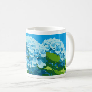 mug orné d'un pixel art hydrangée bleu