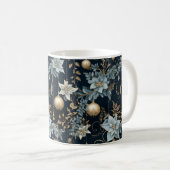 Mug Ornements de Noël bleu et or Poinsettias (Devant droit)